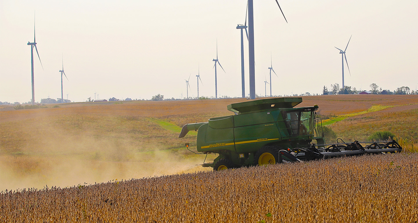 A combine harvesting crops