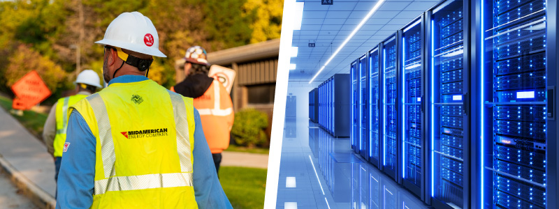 A split image containing a MidAmerican worker in a safety vest on the right side and a blue, stylized image of a row of servers on the right