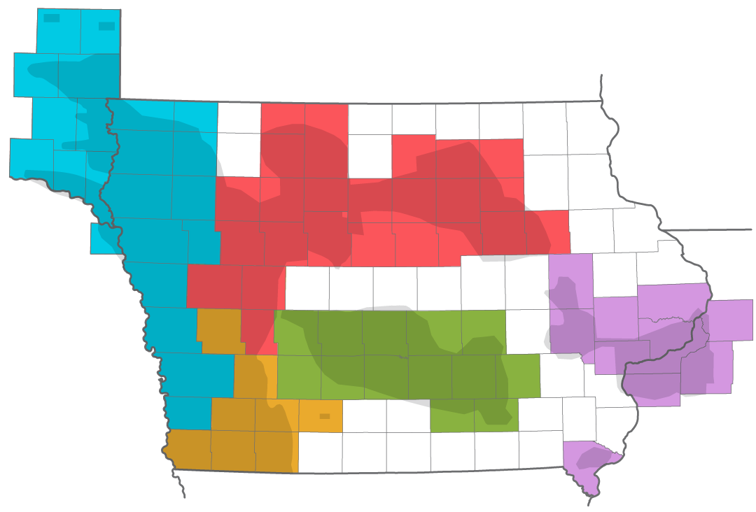 Iowa map showing coverage areas for economic development team