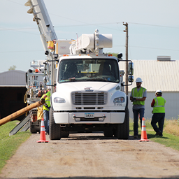 Front view of MidAmerican bucket truck, pole install