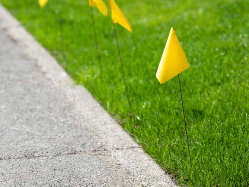 Small yellow flags in a lawn marking a gas line alongside a sidewalk