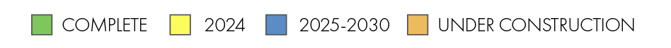 Yellow: 2024; Green: Complete;  Blue: 2025-2030; Orange: Under Construction