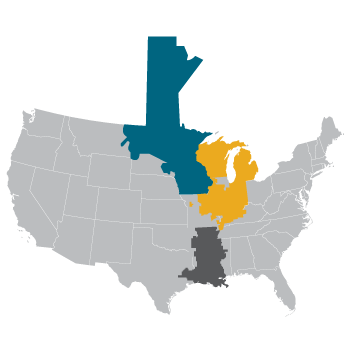 MISO service area includes parts of Arkansas, Illinois, Indiana, Iowa, Kentucky, Louisiana, Michigan, Minnesota, Mississippi, Missouri, Montana, North Dakota, South Dakota, Texas, and Wisconsin in the US and the Canadian province of Manitoba