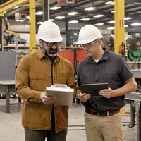 Two men in hardhats and safety glasses looking over items on a clipboard while standing on the floor of a manugacturing facility