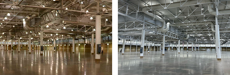 The Iowa State Fair's Varied Industries building with a focus on ceiling light fixtures before and after LED upgrades