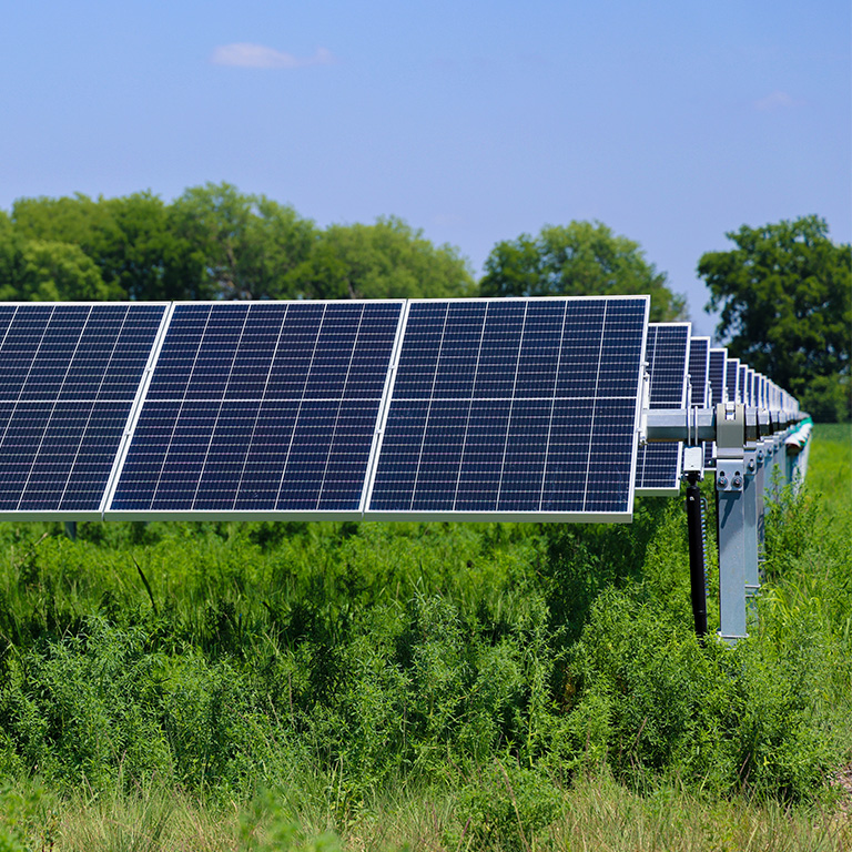 Solar panel array in a grassy field under a clear sky
