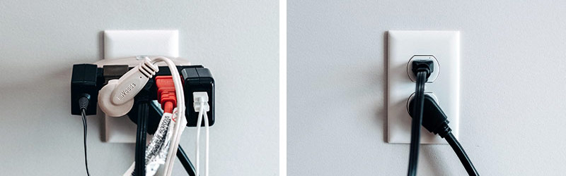 A side-by-side comparison of an overloaded outlet and a properly used outlet