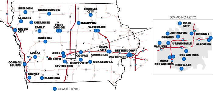 Illustrated map of MidAmerican DC fast chargers across Iowa
