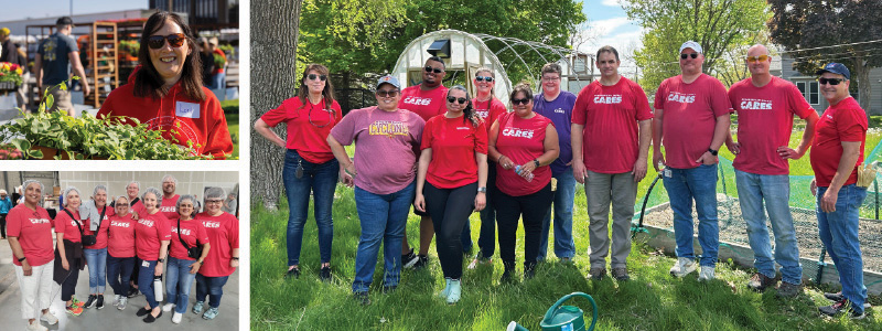 Collage of three group photos displaying MidAmerican employees wearing CARES t-shirts at volunteer events around the Quad Cities.