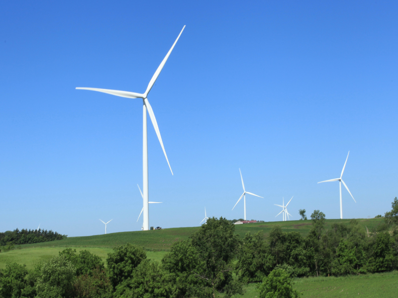 A white wind turbine standing on a green field lined with trees, with other turbines from the same windfarm visible in the background against a bright blue sky.