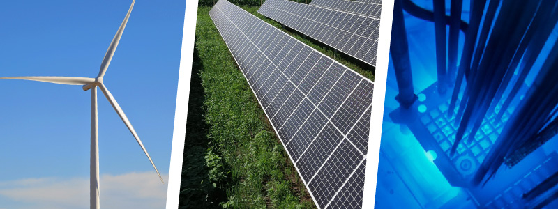 Examples of wind, solar and nuclear generation depicted in a stylized horizontal triptych