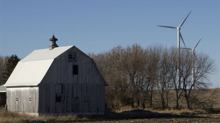 Barn on Farm with Windmills