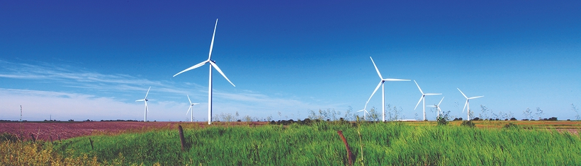 A wide photo of farmland with multiple wind turbines against a bright blue sky